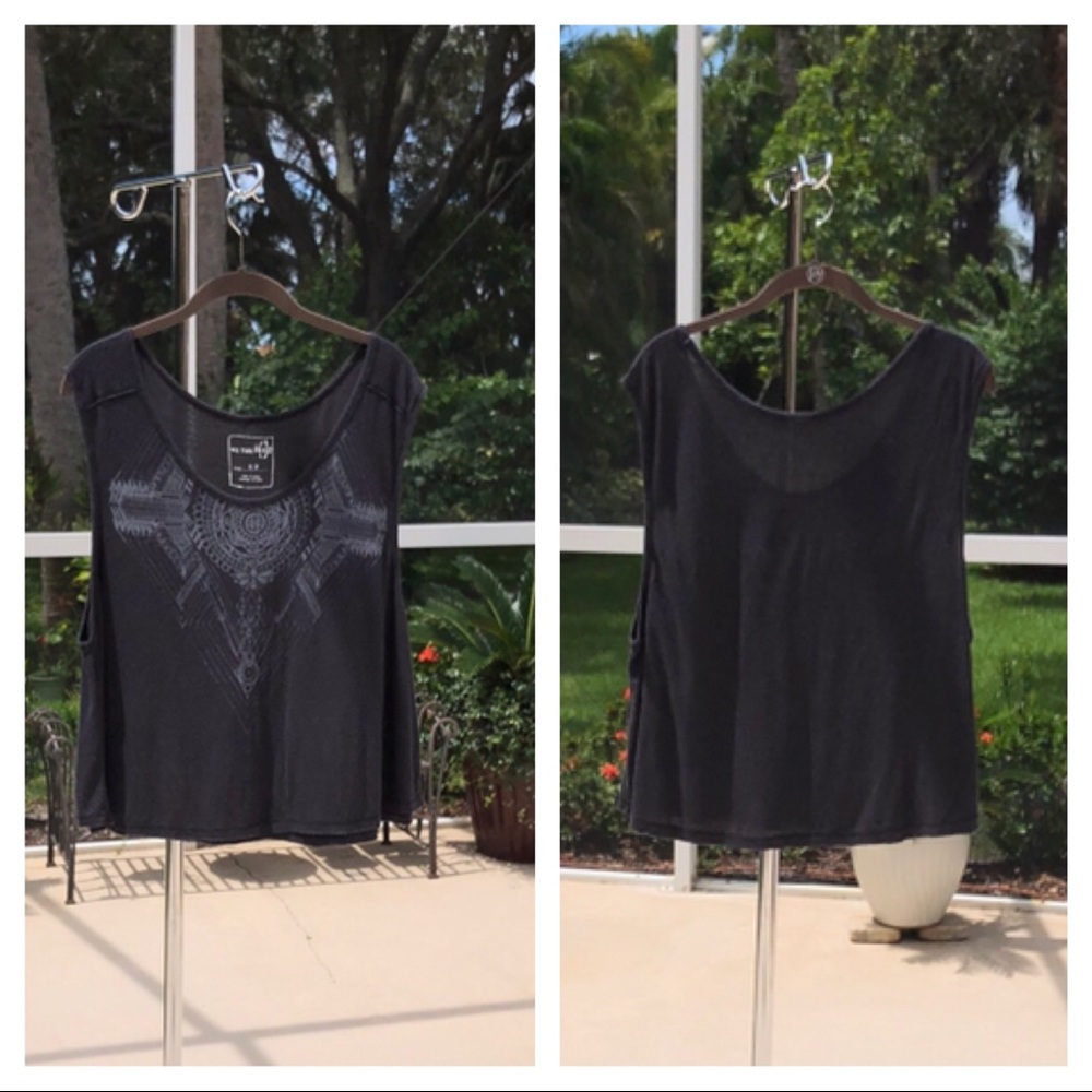 Free People Sleeveless Rayon/Linen Print Top - Charcoal Gray - Roomy Sz. S. EUC - Picture 4 of 9